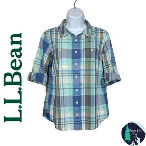 LL Bean Button-up Shirt PS Petite Small Plaid Blue Green Roll Tab Sleeves Cotton